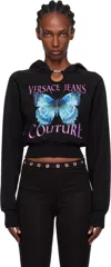 Versace Jeans Couture Cropped Black Sweatshirt With Butterfly Graphic In Black