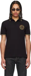 Versace Jeans Couture Cotton Polo Shirt Featuring V-emblem Embroidery In Eg89-black/gold
