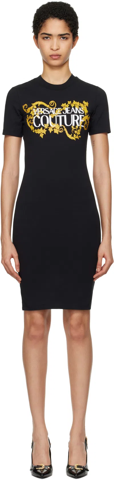Versace Jeans Couture Black Logo T-shirt Minidress In Eg89 Black/gold