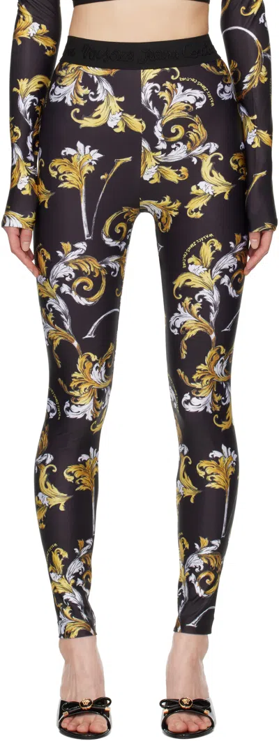 Versace Jeans Couture Black Outline Barocco Leggings In Eg89 Black/gold