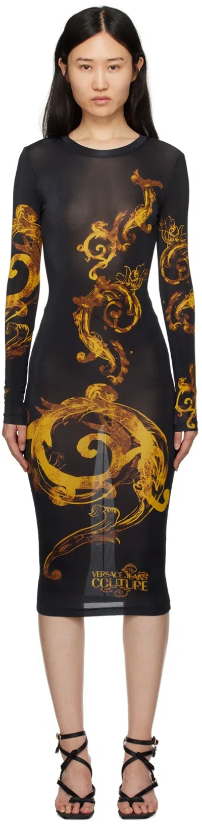 Versace Jeans Couture Black Printed Midi Dress In Eg89 Black/gold
