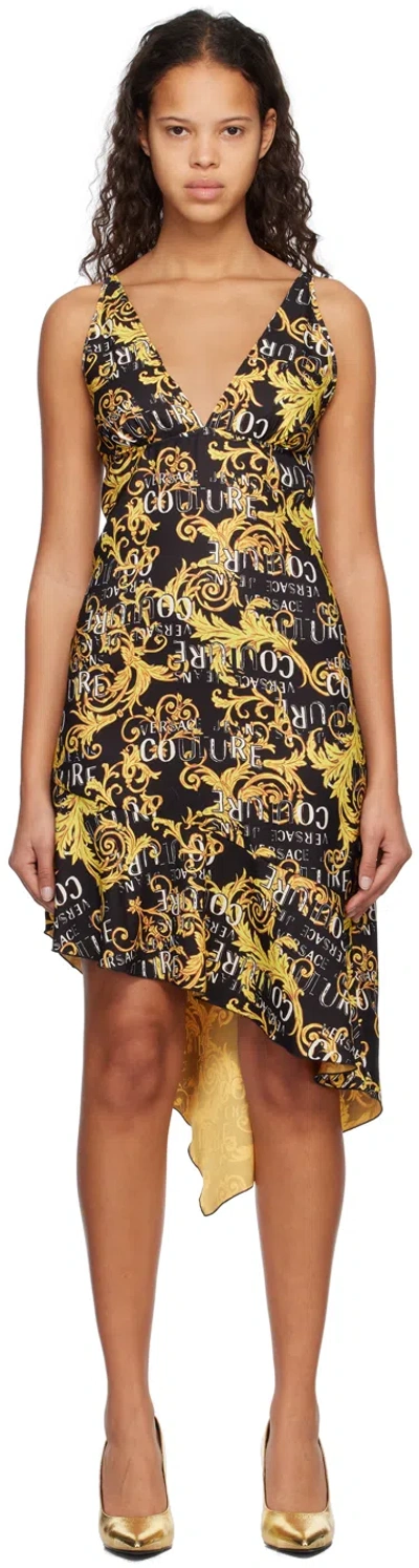 Versace Jeans Couture Logo-print Asymmetric Dress In Eg89 Black/gold