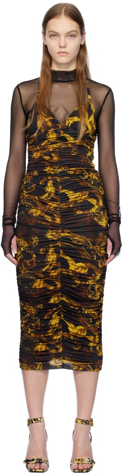 Versace Jeans Couture Black Ruched Midi Dress In Eg89 Black/gold