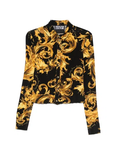 Versace Jeans Couture Black Shirt With Gold Baroque Print  In Multi