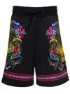 VERSACE JEANS COUTURE BLACK SHORTS WITH FLOREAL AND LOGO LETTERING PRINT IN COTTON MAN