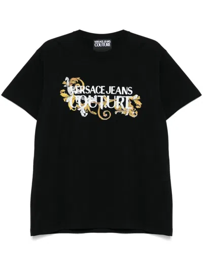 Versace Jeans Couture Black T-shirt With Front Logo In Nero E Oro