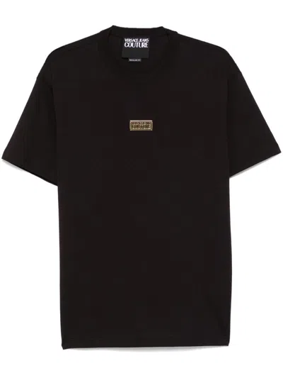Versace Jeans Couture Black T-shirt With Gold Logo Tag In Nero E Oro