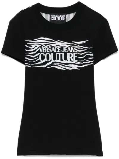 VERSACE JEANS COUTURE VERSACE JEANS COUTURE BLACK T-SHIRT WITH ZEBRA PRINT SHEER PANEL