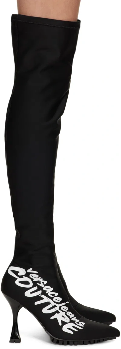 Versace Jeans Couture Logo-print Thigh-length Boots In El01 899+003