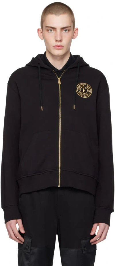 Versace Jeans Couture Black V-emblem Hoodie In Eg89 Black/gold