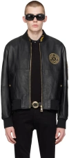 VERSACE JEANS COUTURE BLACK V-EMBLEM LEATHER BOMBER JACKET