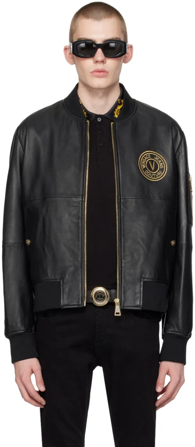 Versace Jeans Couture Black V-emblem Leather Bomber Jacket In Eg89 Black/gold