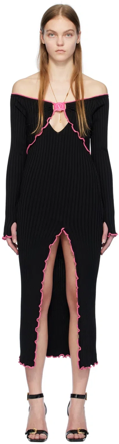 Versace Jeans Couture Black V-emblem Midi Dress In E899 Black