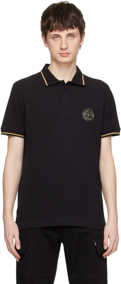 Versace Jeans Couture Black V-emblem Polo In Eg89 Black/gold