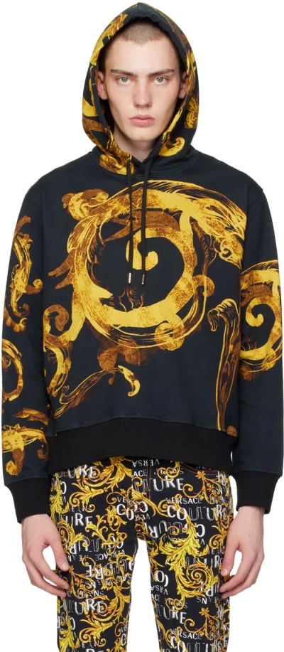 Versace Jeans Couture Black Watercolor Couture Hoodie In Eg89 Black/gold