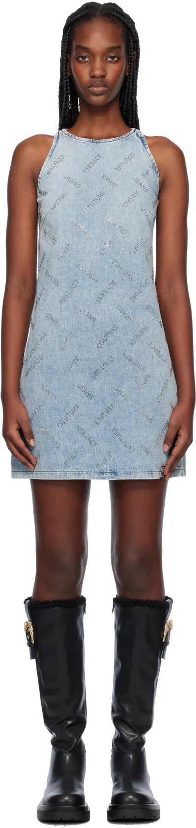 Versace Jeans Couture Blue Studded Logo Denim Minidress In E904 Indigo