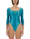 Versace Jeans Couture Warranty Logo Bodysuit With Deep Scoop Neckline In Blue