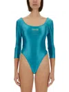 Versace Jeans Couture Warranty Logo Bodysuit With Deep Scoop Neckline In Blue