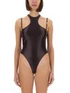 Versace Jeans Couture Racerback Bodysuit Metallic Hardware Straps In Brown