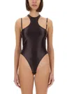 Versace Jeans Couture Racerback Bodysuit Metallic Hardware Straps In Brown