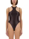Versace Jeans Couture Racerback Bodysuit Metallic Hardware Straps In Neutrals