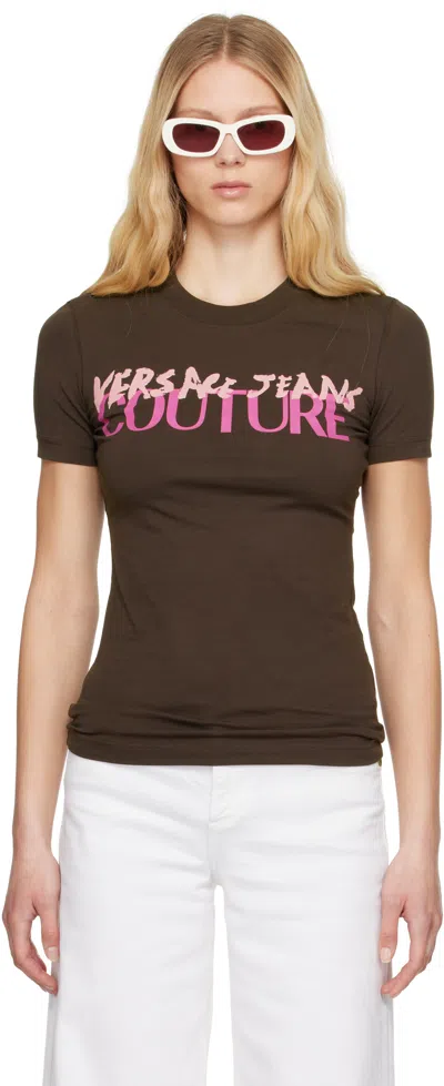 Versace Jeans Couture Brown Institutional Logo T-shirt In E721 Cocoa