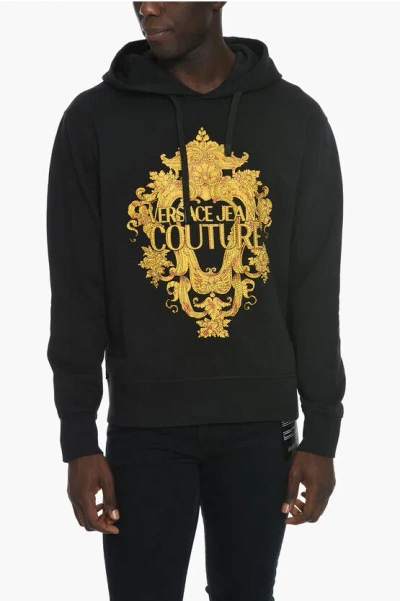 Versace Jeans Couture Brushed Cotton Hoodie With Baroque Print Decor In Black