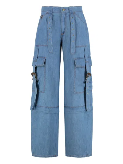 Versace Jeans Couture Cargo Trousers In Cotton With Wide Legs In Blue