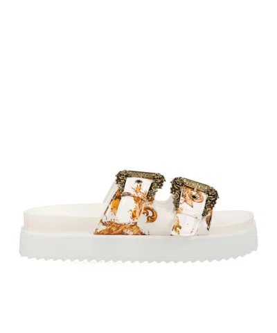 Versace Jeans Couture Buckle Embellished Barocco-printed Sandals In White