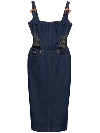 Versace Jeans Couture Buckle-straps Denim Midi Dress In Blue