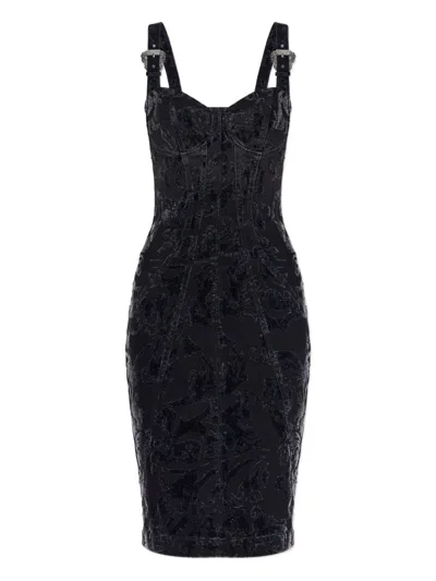 Versace Jeans Couture Buckled Floral-pattern Midi Cocktail Dress In Black