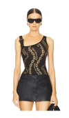 Versace Jeans Couture Asymmetric Strap Buckle Logo Chain Print Top In Black & Gold