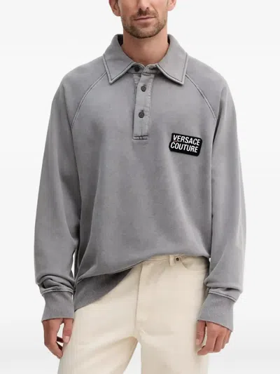 Versace Jeans Couture Button-up Logo-patch Polo Shirt In Gray