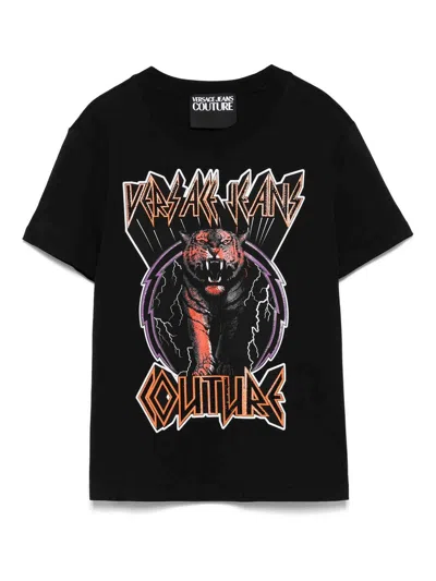 Versace Jeans Couture Tiger Logo Strass T-shirt In Negro