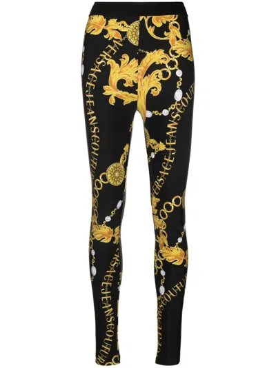 Versace Jeans Couture Chain-print Logo-waistband Leggings In Black