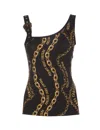 Versace Jeans Couture Asymmetric Strap Buckle Logo Chain Print Top In Black