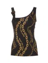 Versace Jeans Couture Asymmetric Strap Buckle Logo Chain Print Top In Black
