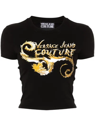 Versace Jeans Couture Chromo Couture Cropped T-shirt In Eg89 Black/gold