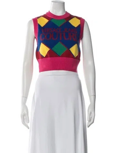 Pre-owned Versace Jeans Couture Colorblock Pattern Crew Neck Sweater In Pink