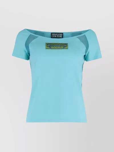 Versace Jeans Couture Cotton Logo T-shirt With Tulle And Mesh In Blue