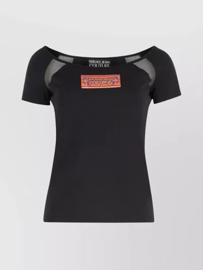 Versace Jeans Couture Cotton Logo T-shirt With Tulle And Mesh In Black
