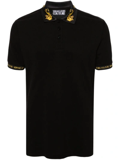 Versace Jeans Couture Logo Trim Cotton Pique Regular Fit Polo Shirt In Black