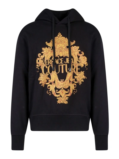 Versace Jeans Couture Cotton Sweatshirt With Baroque Motif In Black