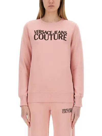 Versace Jeans Couture Cotton Sweatshirt With Bold Logo Design In Pink