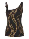 Versace Jeans Couture Asymmetric Strap Buckle Logo Chain Print Top In Negro