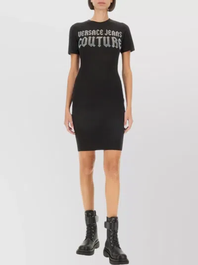 Versace Jeans Couture Crew Neck Fitted Silhouette Graphic Print Dress In Black