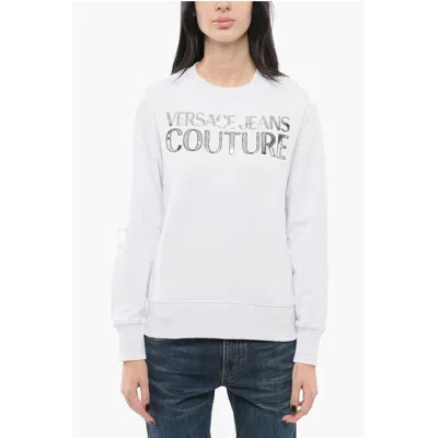 Versace Jeans Couture Crew Neck Mirror Sweatshirt With Lamè Logo In White