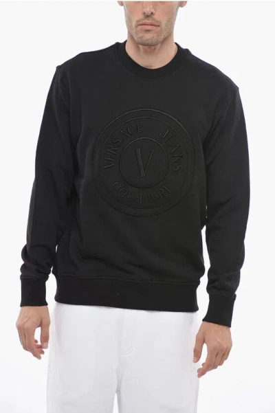 Versace Jeans Couture Crew Neck Sweatshirt With Embroidered Emblem In Black