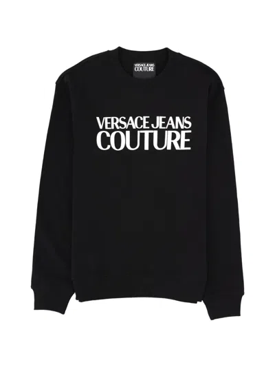Versace Jeans Couture Crewneck White Chest Logo Cotton Sweatshirt In Black