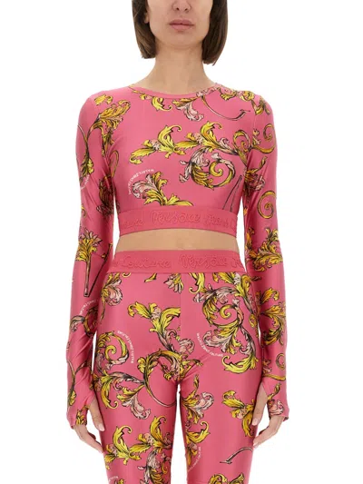 Versace Jeans Couture Cropped Baroque Mini Top In Pink